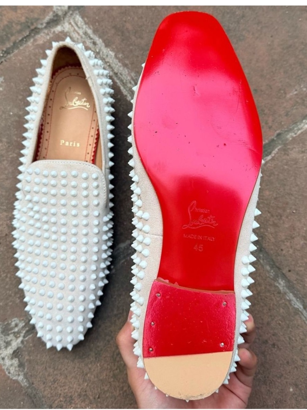 Christian Louboutin Dandelion White Spiked Loafers -size 45/11.5. Stunning!!!